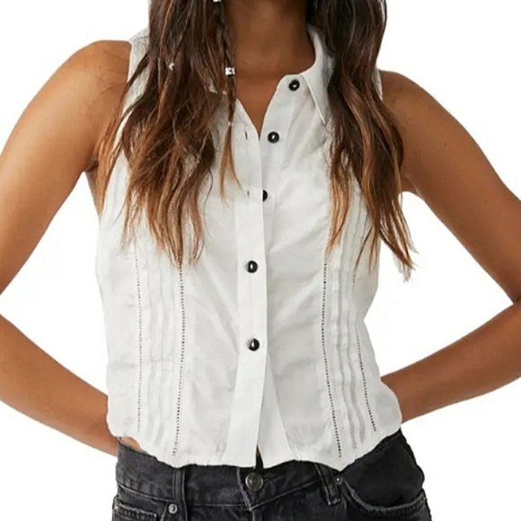 Free People Drive Back Pintuck Sleeveless Blouse ivory size large - Picture 13 of 14
